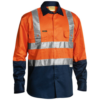 Orange / Navy - Front - BS6267T - 2 Tone Hi Vis Drill Shirt 3M Reflective Tape - Long Sleeve - Bisley Workwear