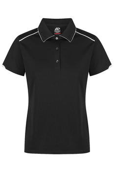 A black polo shirt with a collared neckline, featuring contrasting edging and a logo.