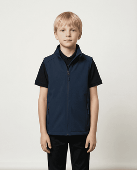 A navy vest for kids featuring a front zip and no sleeves, designed with a simple style and pockets.
