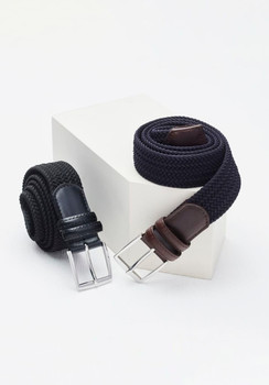 A dark blue braided belt and a black woven belt both featuring silver buckles, displayed on a white pedestal.