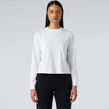 A white long sleeve tee, featuring a round neckline and a fitted design, worn with dark jeans.