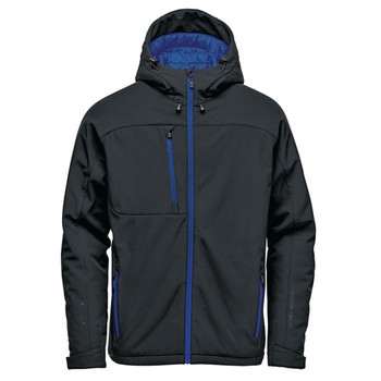 A black insulated softshell jacket with a blue interior and zippers, featuring a logo on the chest.