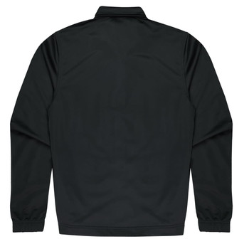 A black kids' jacket with a simple design and elastic cuffs, featuring a branding logo.