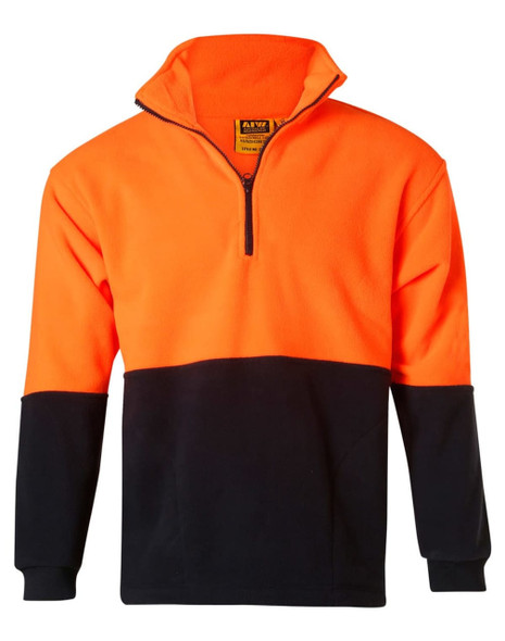 A Hi-Vis polar fleece half zip pullover in bright orange and black, featuring a zip collar and long sleeves.