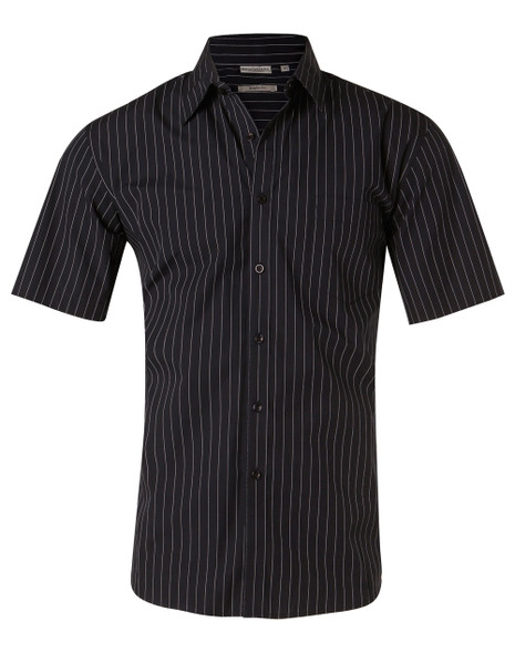 Navy / White - Front - M7221 - Men's Pin Stripe Short Sleeve Shirt