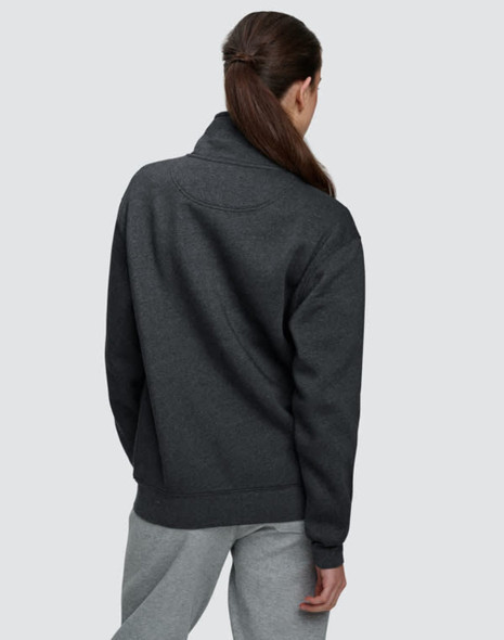 A dark grey 1/2 zip collar fleecy sweatshirt with a relaxed fit, featuring a logo on the back.