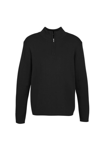A black 80/20 wool pullover jumper with a zip collar and long sleeves. It features a logo.