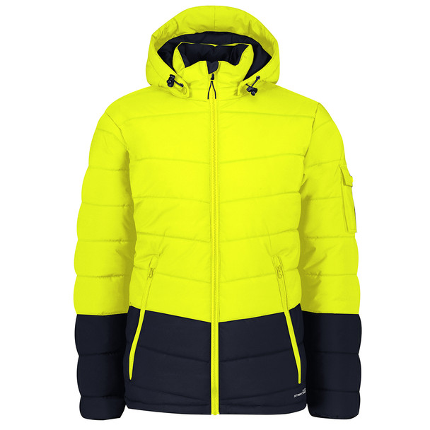 Yellow/Navy - Front - ZJ240 - Unisex Streetworx Hooded Puffer Jacket - SYZMIK Yellow/Navy - Front - ZJ240 - Unisex Streetworx Hooded Puffer Jacket - SYZMIK