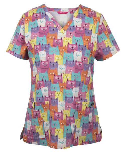 Cat - Front - 4STP1 - JB's LADIES SCRUB TOP PRINTED