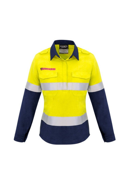 Yellow/Navy - Front - ZW131 - Womens FR Closed Front Hooped Taped Spliced Shirt