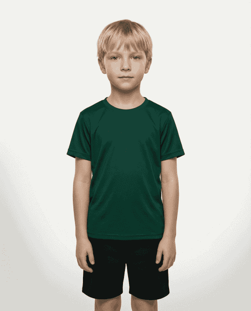 A green T-shirt designed for kids, displayed on a child standing against a plain background.