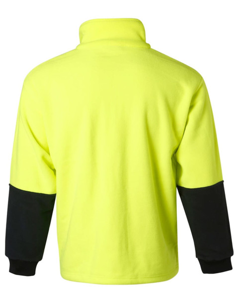 A Hi-Vis polar fleece half zip pullover in fluorescent yellow with black sleeves and a logo.