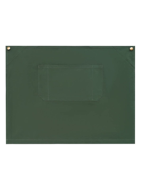 A green canvas short waist apron featuring a front pocket and two attachment buttons.