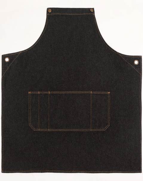 A dark denim bib apron featuring a front pocket and metal eyelets. It has a simple, durable design suitable for work.