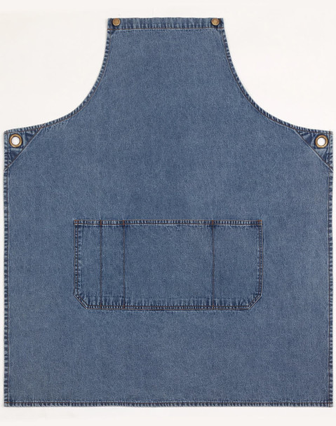 Denim bib apron in blue with a front pocket and metal snaps, featuring a logo.