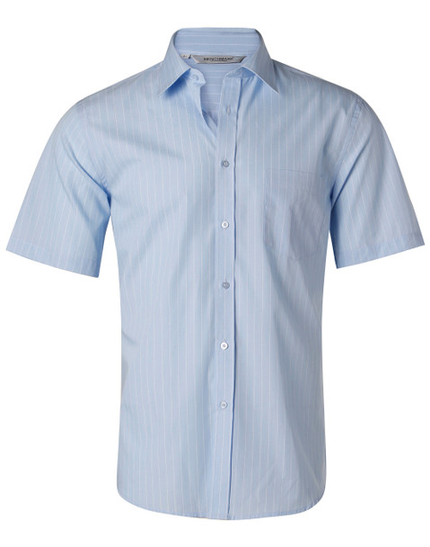 Blue Chambray / White - Front - M7221 - Men's Pin Stripe Short Sleeve Shirt Blue Chambray / White - Front - M7221 - Men's Pin Stripe Short Sleeve Shirt