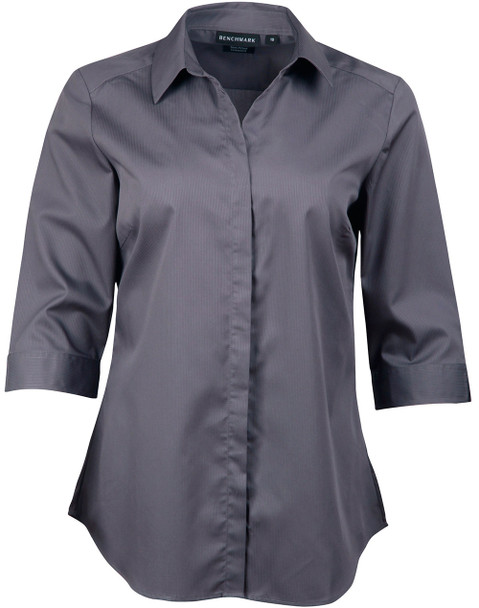 Storm Grey - Front - M8110Q - Ladies' Dobby Striped Taped 3/4 Sleeve Shirt Storm Grey - Front - M8110Q - Ladies' Dobby Striped Taped 3/4 Sleeve Shirt