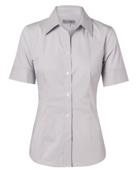Grey / White - Front - M8200S - Women's Ticking Stripe S/S Shirt Grey / White - Front - M8200S - Women's Ticking Stripe S/S Shirt