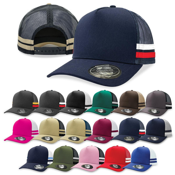 A collection of Striped Trucker caps in various colours, featuring a logo and mesh backs for breathability. A collection of Striped Trucker caps in various colours, featuring a logo and mesh backs for breathability.