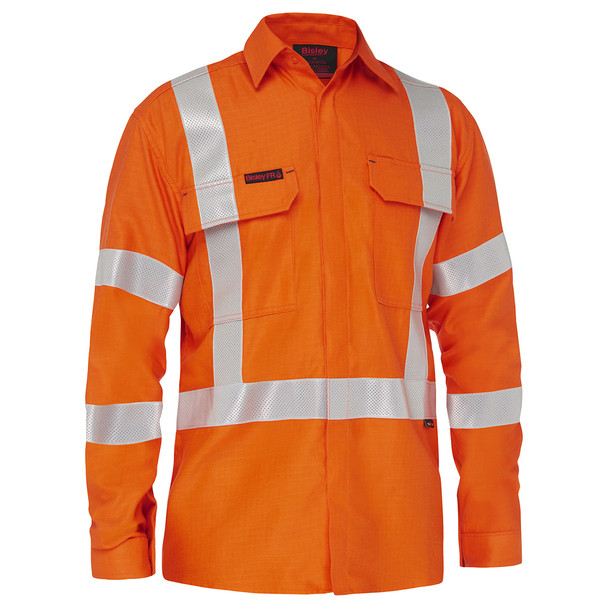 Orange - Front - BS8439XT - Apex 185 X Taped Biomotion Hi Vis FR Ripstop Vented Shirt - Bisley Workwear