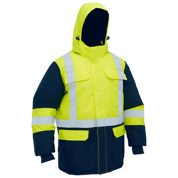 Yellow / Navy - Front - BJ6454HT - H Taped Hi Vis Freezer Hooded Jacket - Bisley Workwear