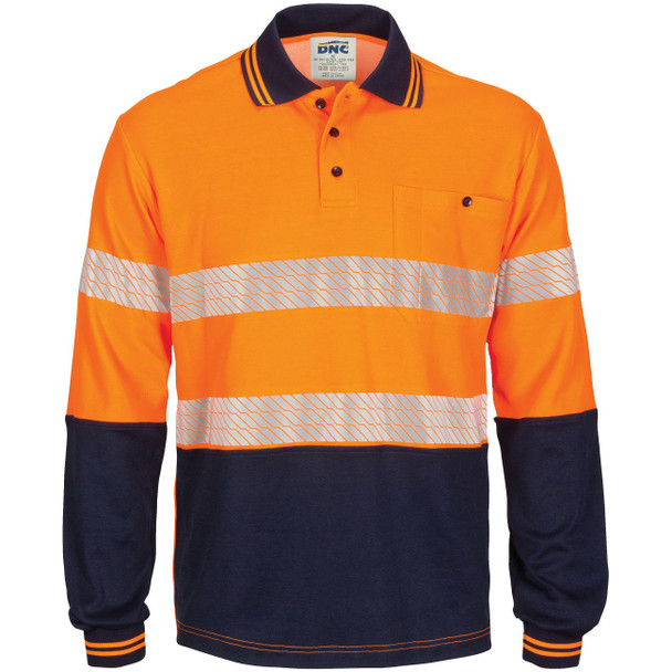 Orange Navy - 3518 - Hi Vis Segment Taped Cotton Backed Polo - Long Sleeve