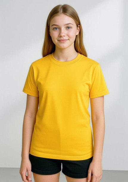 A yellow short sleeve t-shirt displayed on a model, featuring a simple design and classical fit.