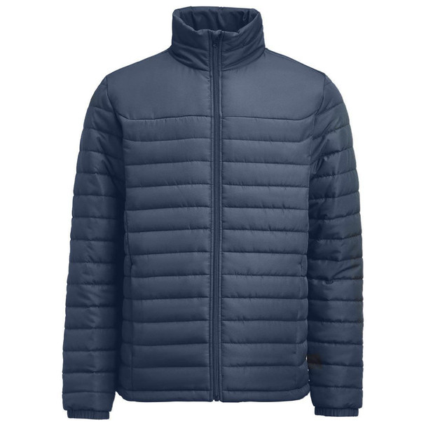 A navy blue padded jacket with a zip front and high collar, featuring a logo on one side. A navy blue padded jacket with a zip front and high collar, featuring a logo on one side.