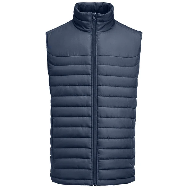 A navy blue padded vest with a zip front and high collar, featuring horizontal quilted patterns and a logo.