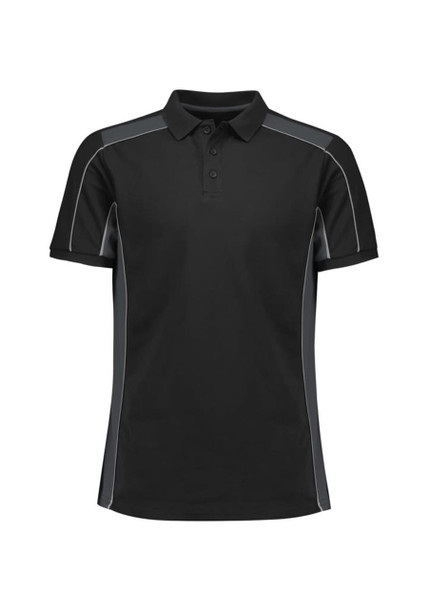 A black unisex polo shirt featuring grey accents and a branding logo on the chest.