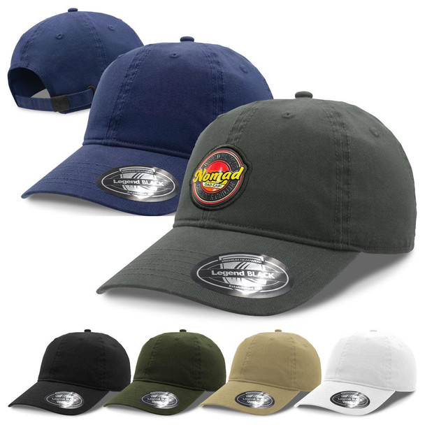 A collection of "Nomad Dad Hats" in navy, green, black, olive, khaki, and white. Each hat features a logo.