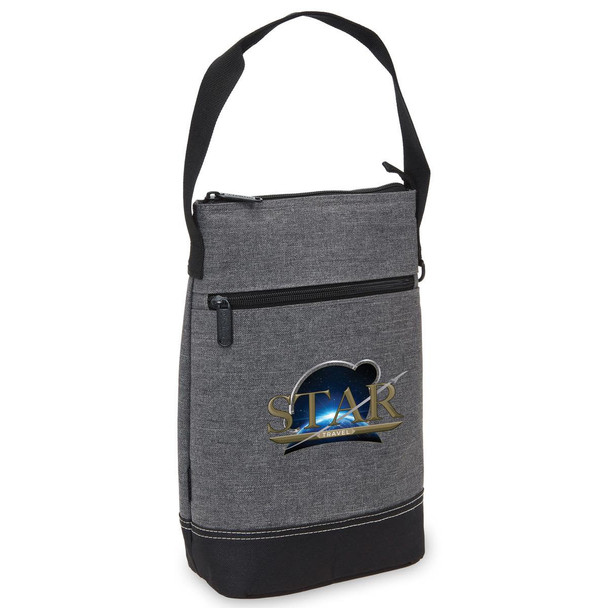 A drink bottle cooler in grey, featuring a front pocket and an adjustable strap. It has a logo on the front.
