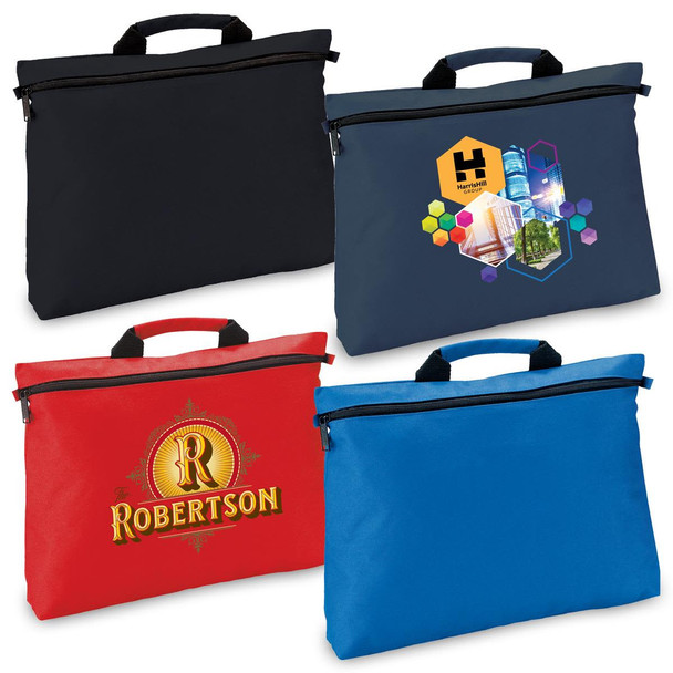 A collection of four satchels in black, navy, red, and blue, each featuring a logo or design.