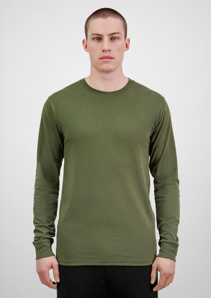 A long sleeve tee in olive green, featuring a fitted design and a round neck. It has a subtle logo.