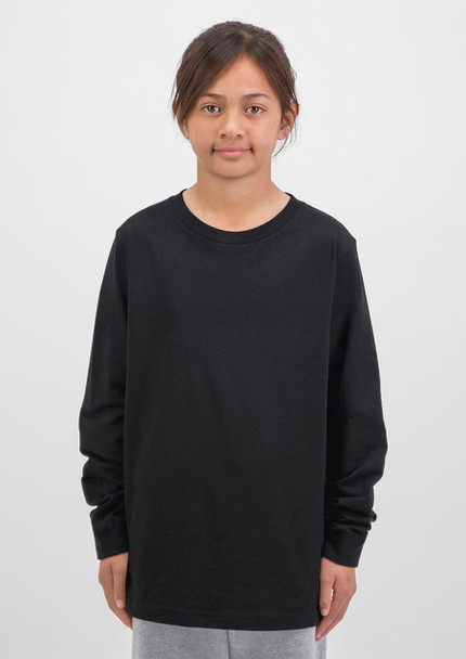 A black long sleeve tee for kids displayed on a model with a neutral background.