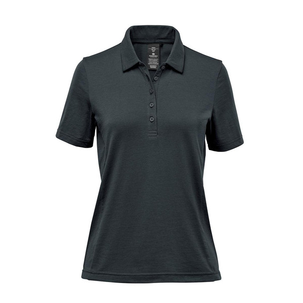 A dark green women's polo shirt with a classic collar and button front. It features a logo on the chest.