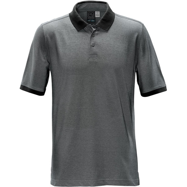 A dark grey polo shirt with a black collar and trim, featuring a logo on the upper chest.