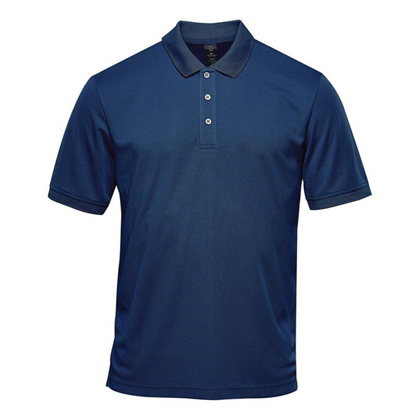 A navy blue short-sleeve polo shirt with a collar and three buttons, featuring a logo on the chest.