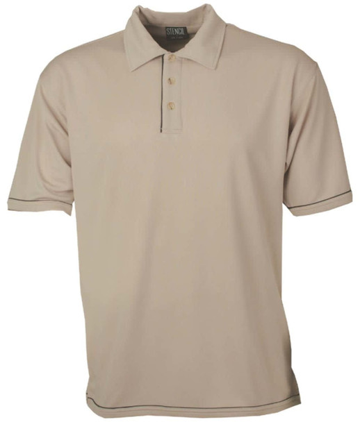 A beige men's polo shirt with a collar, button placket, and contrasting trim. It features a logo.