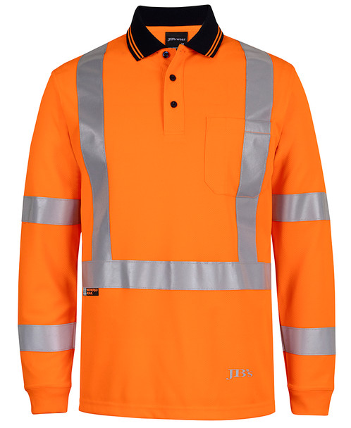 Orange - Front - 6DAQL - JB's HV L/S Nsw/Qld Rail X-Back Polo