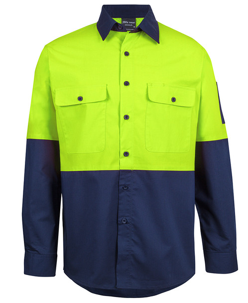 Lime / Navy - Front - 6HRFL - JB's HV Class F Ripstop L/S Work Shirt
