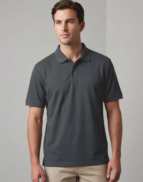 A men's short-sleeve polo shirt in dark grey, featuring a classic design and a logo on the chest.