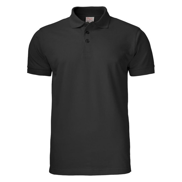 A black men's cotton polo shirt with a collar and three buttons, featuring a logo on the chest.