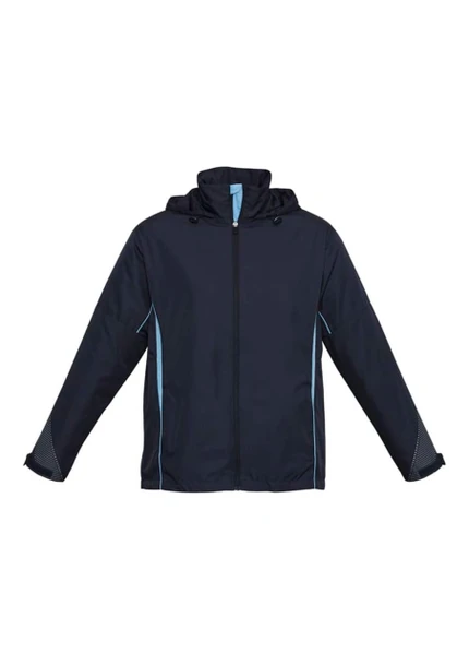 A unisex jacket in navy blue with light blue accents, featuring a hood and zip-up front, and has a logo.