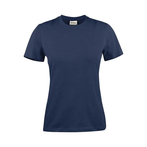 A navy blue women's t-shirt with short sleeves and a fitted design. The shirt has a logo on the label.
