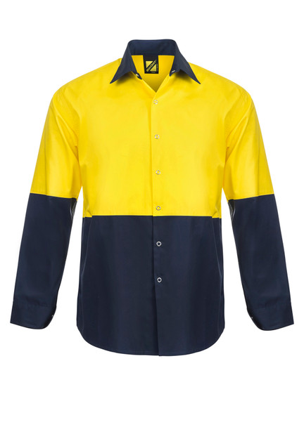 Yellow / Navy - Front - WS3045 - Hi Vis Two Tone L/S Shirt