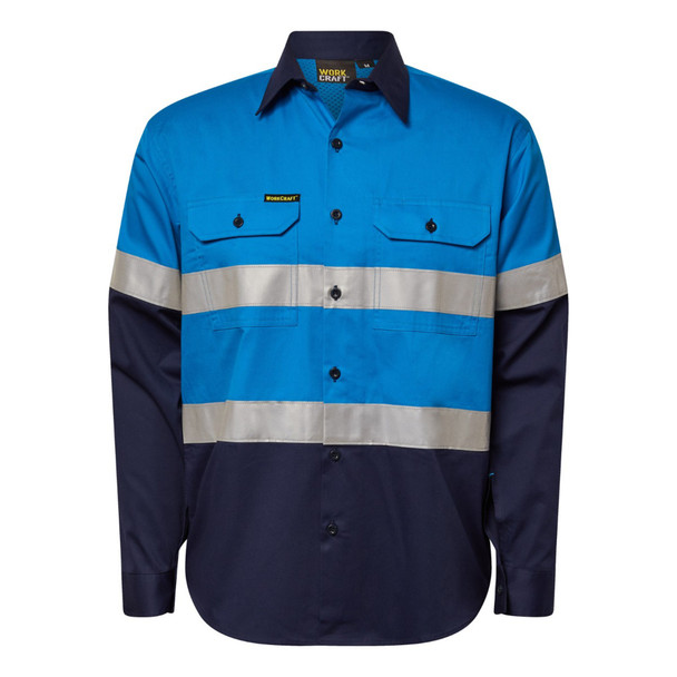 Electric Blue / Navy - Front - WS4132 - Cotton L/S Shirt With Csrtape