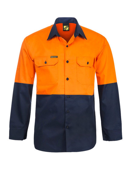 Orange / Navy - Front - WS4247 - Cotton L/S Shirt W Mesh Insert