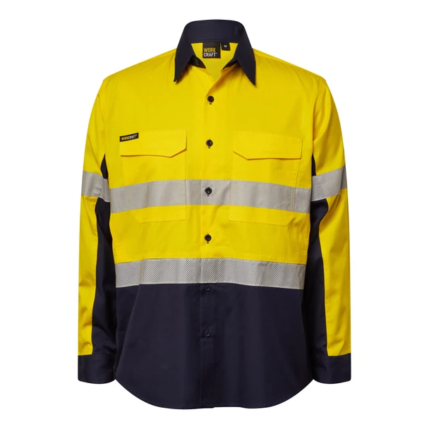 Yellow / Navy - Front - WS6068 - Ripstop L/S Vented Shirt W/Tape