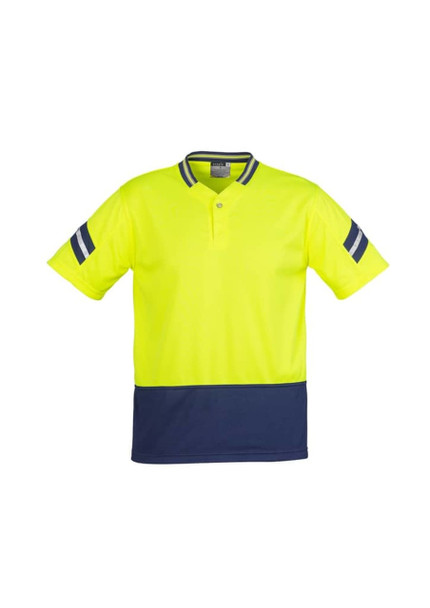 A short sleeve polo shirt in fluorescent yellow with navy blue accents and a logo. Suitable for workwear.